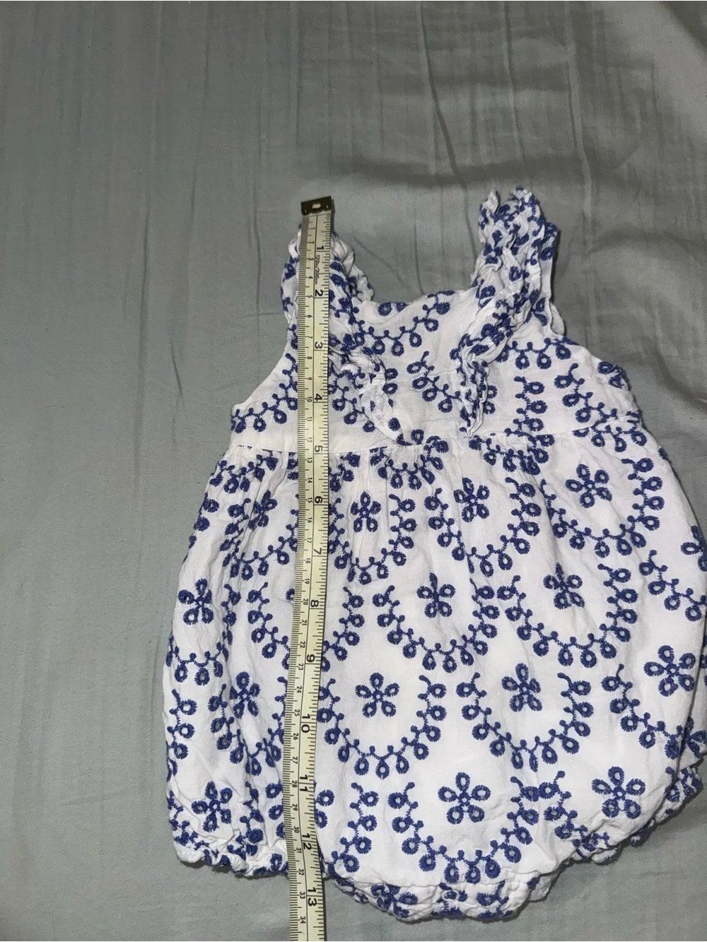 Janie and Jack Baby Girl Blue & White Embroidered Eyelet Bubble Romper 3-6 Month
